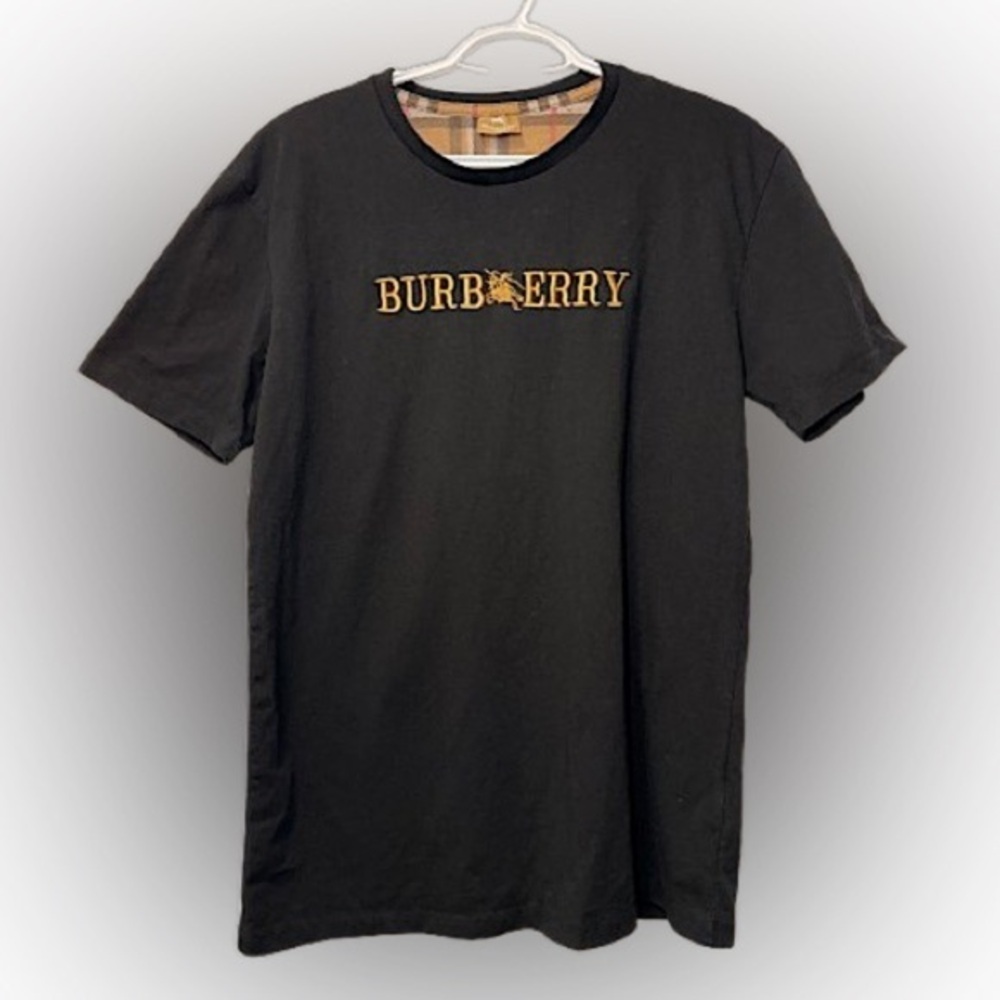 Burberry Black T Shirt Gold Embroidered Logo size M Men